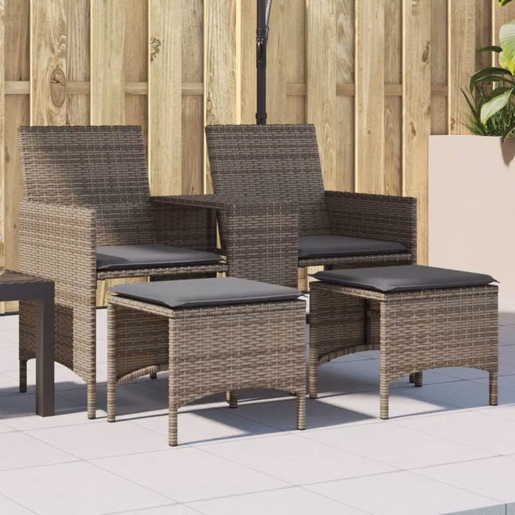 Set da giardino vidaXL composto da divano 2 posti, tavolino e sgabello in rattan grigio con struttura in metallo e cuscini inclusi