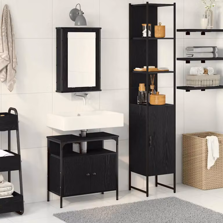 Set di mobili per il bagno moderno vidaXL in 3 pezzi nero opaco, composto da armadietto con specchio, mobile sottolavabo e colonna alta, L/P/H: 60,0 x 33,0 x 185,5 cm