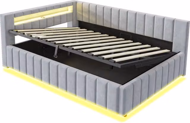 Letto imbottito con contenitore idraulico 140x200 cm, tessuto vellutato grigio chiaro, con luce LED e porta USB integrati