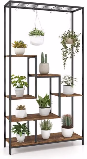 Scaffale porta piante in metallo e legno marrone con 6 ripiani e 10 ganci, Altezza: 180 cm, Larghezza: 100 cm, Profondità: 30 cm – 1