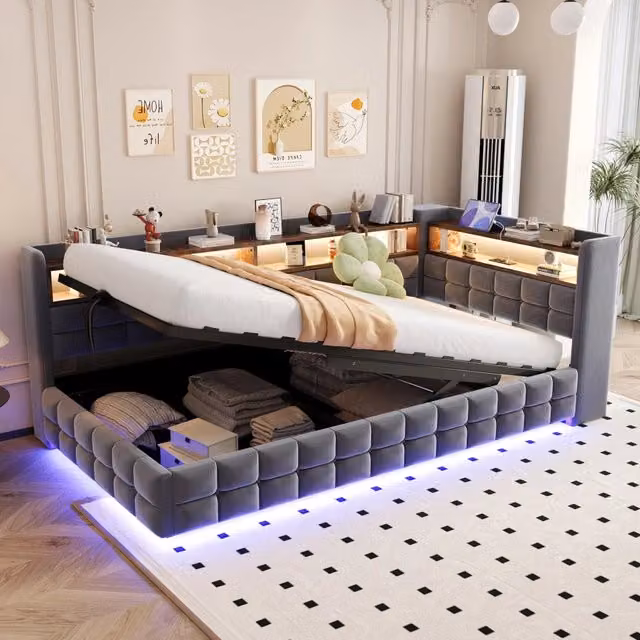 Divano Letto Multifunzionale 90x200 cm in Velluto Grigio Scuro con Contenitore Idraulico; LED e Prese USB