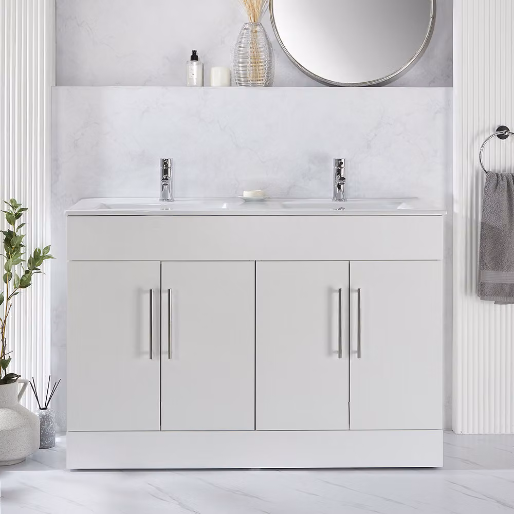 Mobile Bagno a Terra Bianco da 1210mm con Doppio Lavabo e Maniglie Nere con Impugnatura a Dito - Cluo