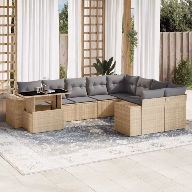 Set Divano da Giardino 10 pz con Cuscini Beige in Polyrattan 3269399