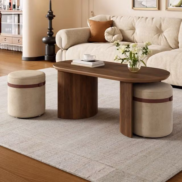Tavolino basso fisso ovale Mivray con 2 pouf imbottiti in legno color noce L: 108 cm, P: 50 cm, H: 44 cm