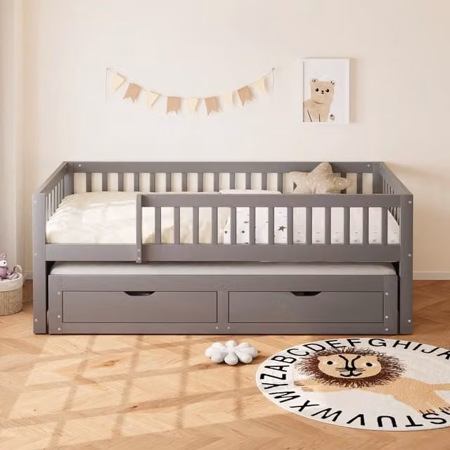 Divano letto in legno massello 90 x 200 cm con letto estraibile; sponde; 2 cassetti e reti a doghe; grigio
