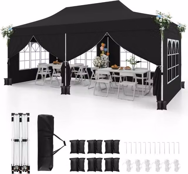 Gazebo pop-up con 6 pareti laterali e ingressi con cerniera, Gazebo istantaneo portatile per festa e picnic 3 x 6 m Nero