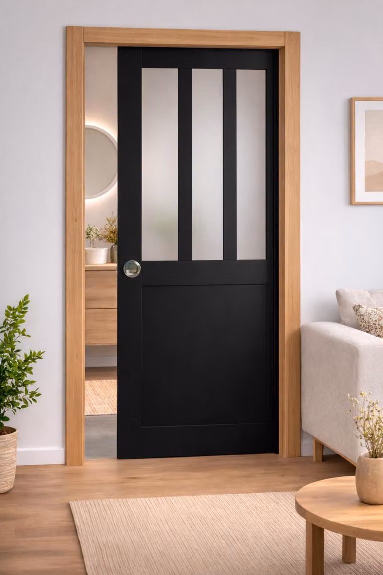 Porta scorrevole da officina nera con vetro depoli H204 x L73 cm, incasso, kit finitura GD MENUISERIES