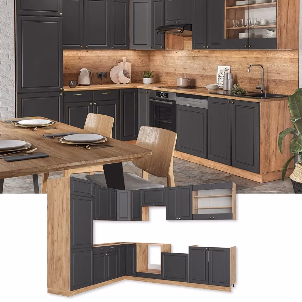 Cucina angolare completa Fame-Line Vicco in Rovere dorato e Antracite Oro, finitura opaca rustica, L/P/H: 287 x 227 x 60 cm – 2