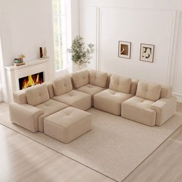 Divano angolare modulare in velluto a coste con seduta profonda; beige