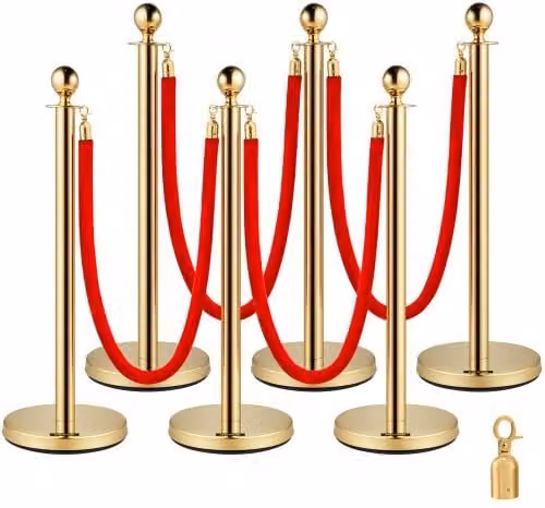 Set di 6 paletti di controllo della folla VEVOR in acciaio inossidabile con 4 corde di velluto rosso e dettagli oro da 1,5 m con parte superiore a sfera per eventi