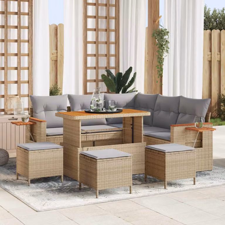 Set Divano da Giardino Moderno vidaXL in Polyrattan Beige con Cuscini e Tavolino da Esterno 9 Pezzi
