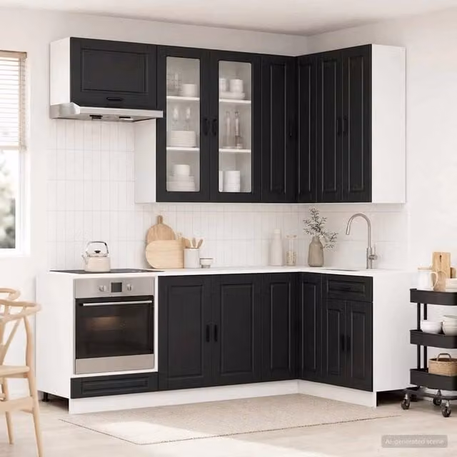 Unità cucina moderna vidaXL in legno e vetro nero con ante in vetro, composta da 8 pezzi – 1