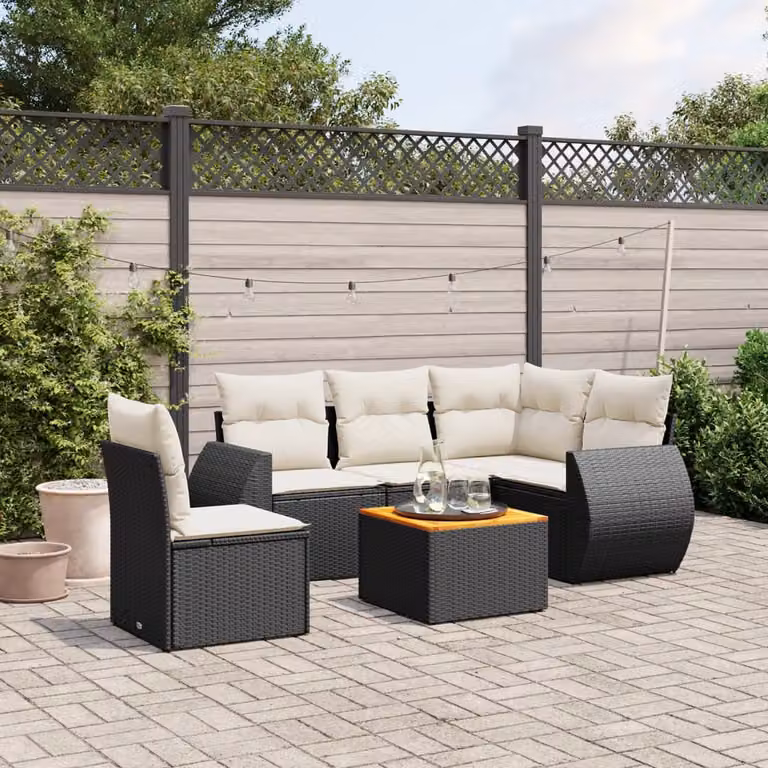 Set Divano da Giardino a L vidaXL 6 pz in Polyrattan Nero con Cuscini e Tavolino