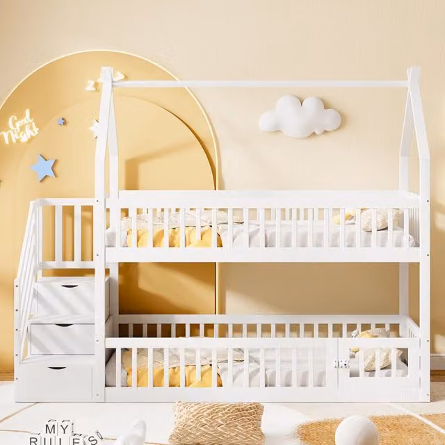Letto a castello per bambini 90x200 con tetto; scala di sicurezza e cassetti; pino massello bianco