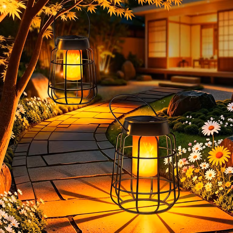 2 luci solari con effetto fiamma, grado di protezione IP65, ideali per giardino e terrazza