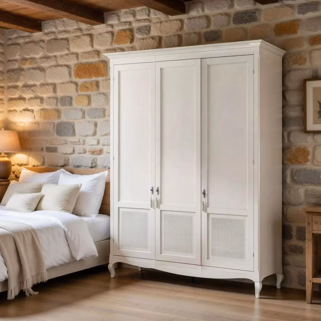Armadio classico a 3 ante con paglia di Vienna in legno bianco shabby Mobili 2G L/P/H: 190 x 62 x 220 cm – 2
