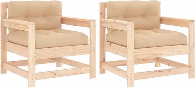 Set di 2 sedie da giardino in legno di pino con cuscini beige e braccioli per esterno