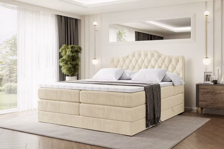 Letto boxspring ALTDECOR con 2 materassi e topper - 200x200 cm - VILA-1 KING - Velluto beige - Letto imbottito con materassi H3 e H4, contenitore e rete a doghe, letto con spazio contenitivo