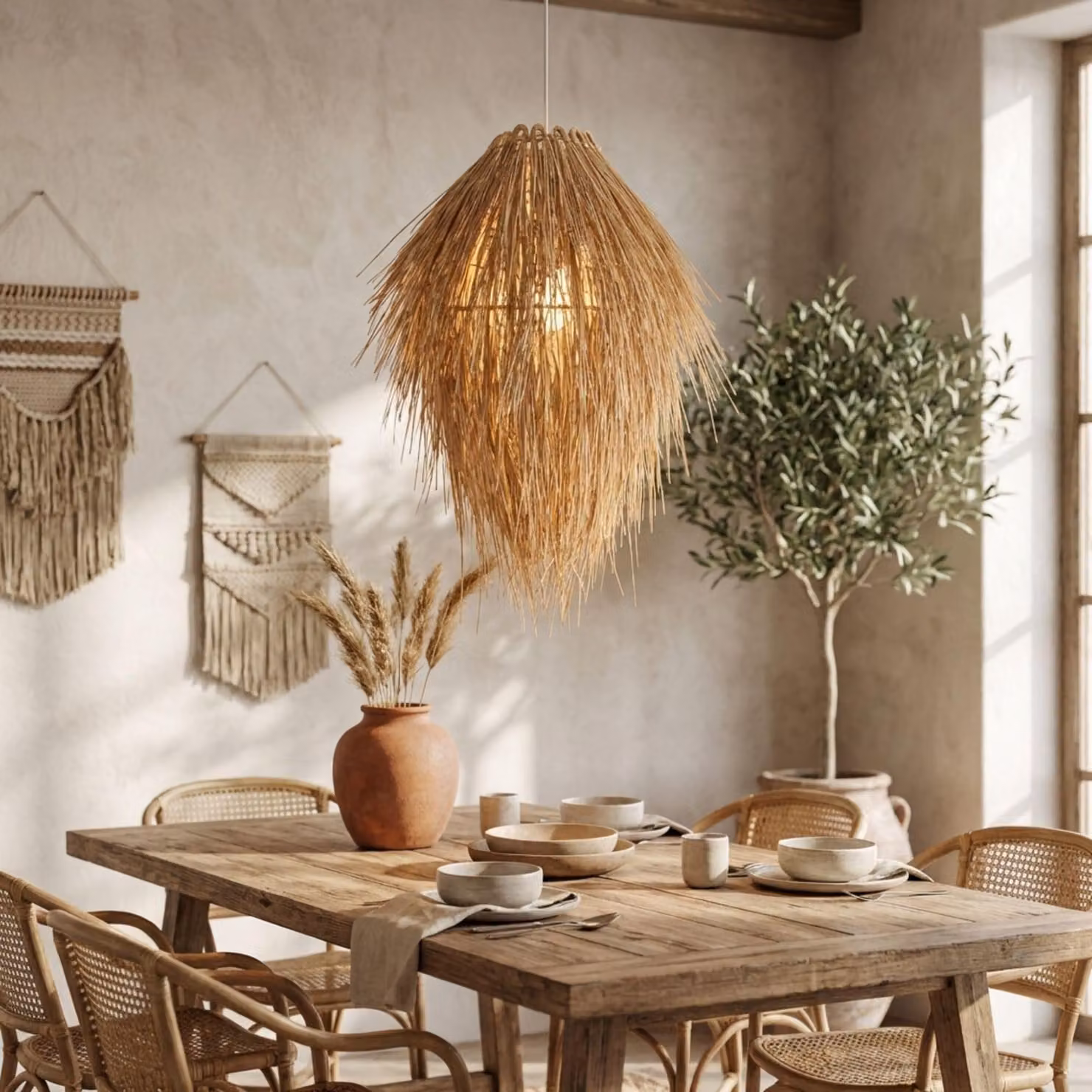 B·LED BARCELONA: Lampada a sospensione LED BarcelonaLED, stile scandinavo, materiali naturali, aspetto rustico. Dotata di paralume, ideale per soggiorno, cucina e sala da pranzo. Realizzata in rattan, bambù e legno. Attacco E27