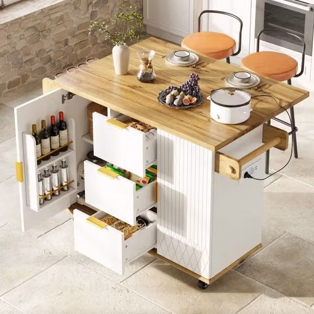 Carrello da cucina 134 x 46 x 88 cm bianco - piano ribaltabile, 5 ruote