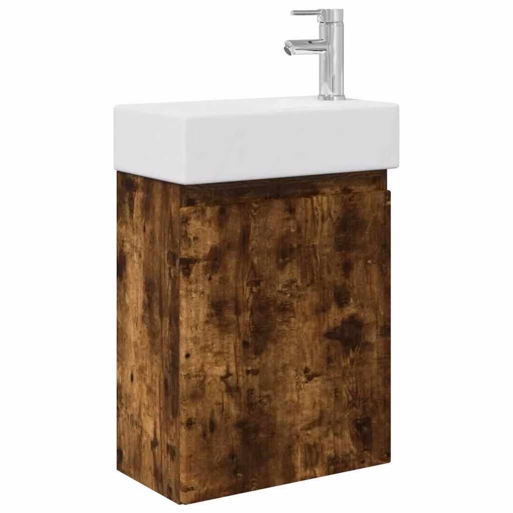 Mobile bagno sospeso vidaXL in legno e ceramica, colore rovere e bianco, L/P/H: 45,5 x 22,5 x 84 cm – 2