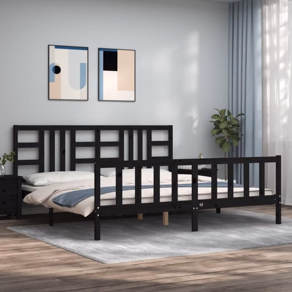 The Living Store Letto in legno massiccio con testiera nera 200x200 cm