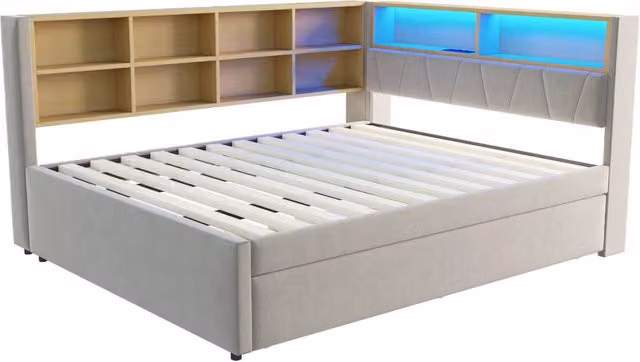 Divano Letto Multifunzionale 140x200 cm con Letto Estraibile 90x190 cm, Tessuto Flanella Grigio Chiaro, LED, Prese e Spazi Portaoggetti