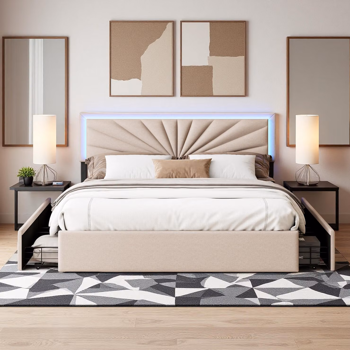 Letto matrimoniale in lino 160x200 cm con LED, robusta rete a doghe, 4 cassetti integrati, design moderno e pratico per 2 persone (senza materasso)