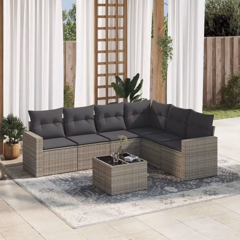 Set di divani da giardino vidaXL in polyrattan grigio con cuscini e tavolino da esterno 7 pezzi