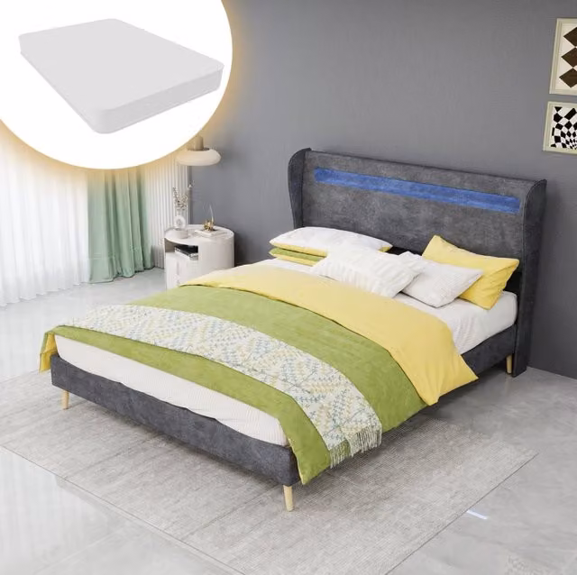 Letto matrimoniale 140x200 cm in tessuto e metallo grigio con testiera LED e materasso -