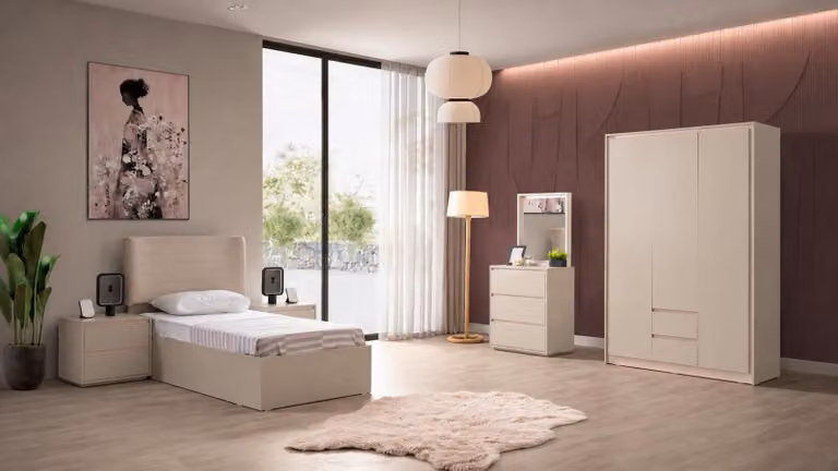 Camera da letto moderna per adolescenti, color beige, comprensiva di letto, armadio, cassettiera, comodini