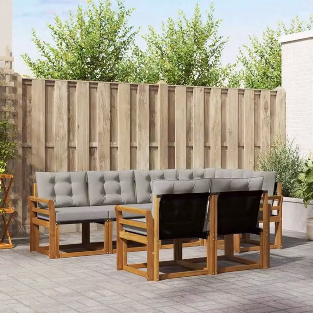 Set di divani da esterno a L vidaXL in legno di acacia con cuscini beige e grigio – 1