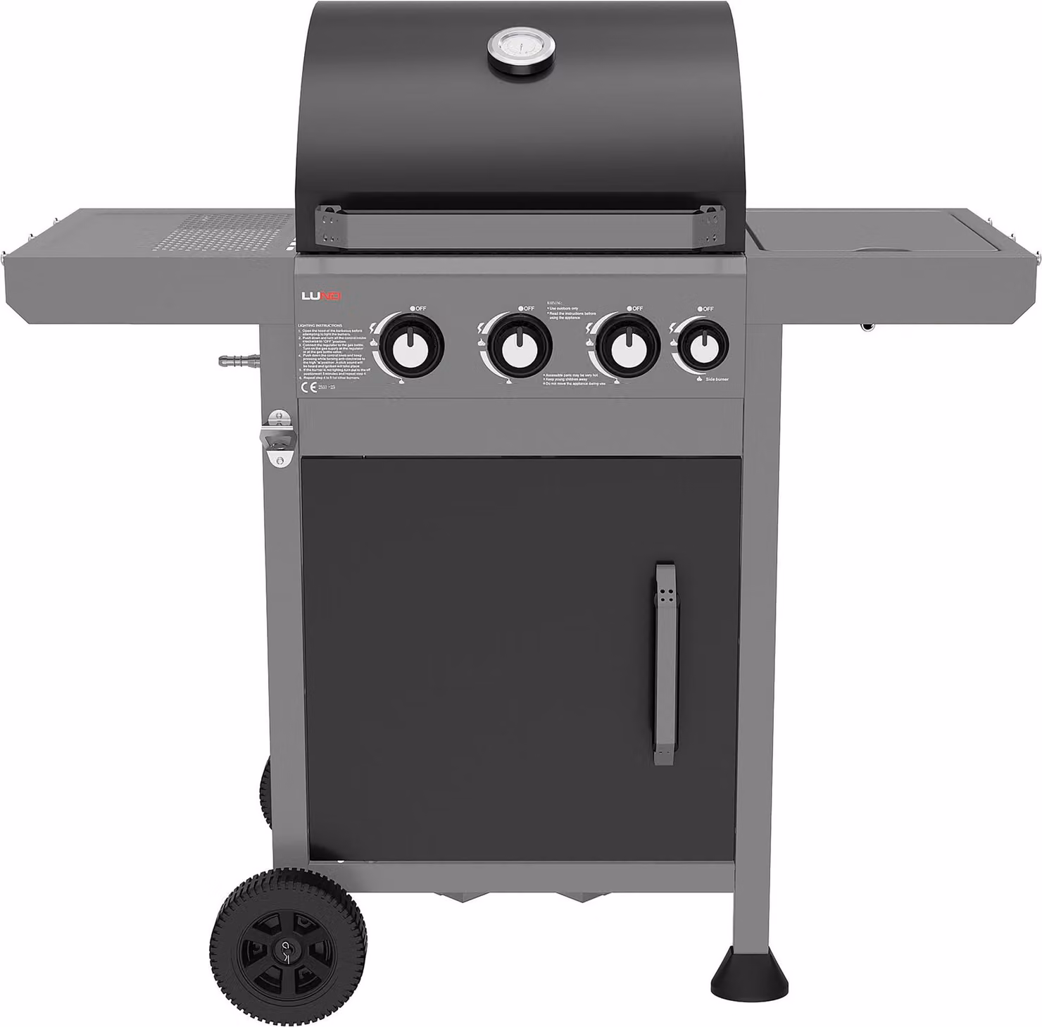 Griglia a gas 11,5 kW, 3+1 bruciatori, acciaio inox 122x57x114cm, finestra di visualizzazione