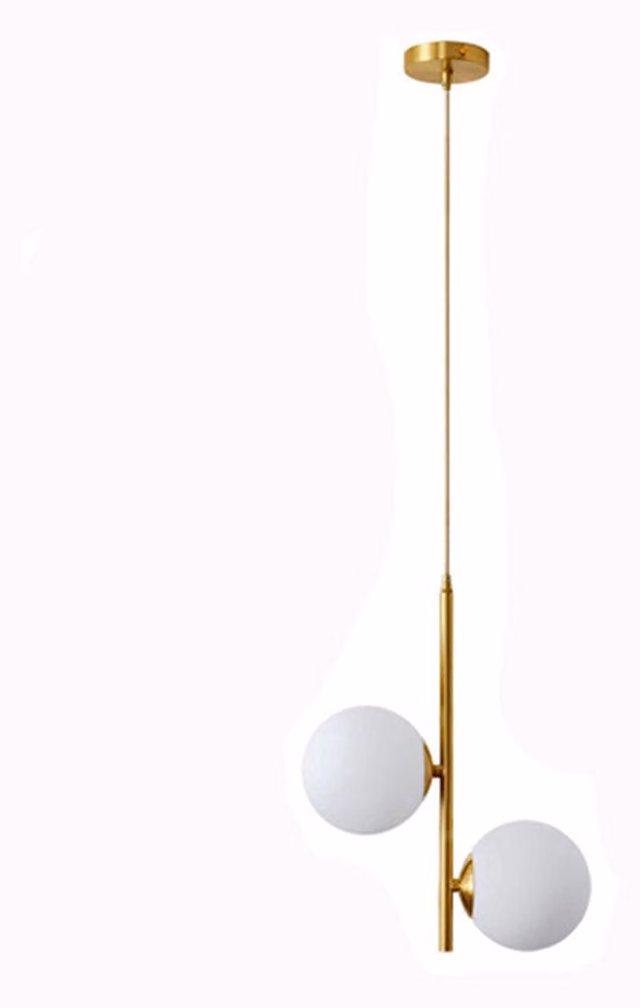 Lampada a sospensione a due luci, vetro bianco, finitura ottone dorato, sfera di 15 cm di diametro