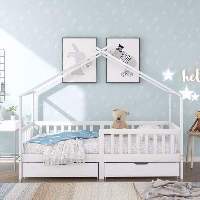 Letto Casetta per Bambini con 2 Cassetti e Rete a Doghe ¨C MINIMAL ¨C Legno Massello Bianco 90x200