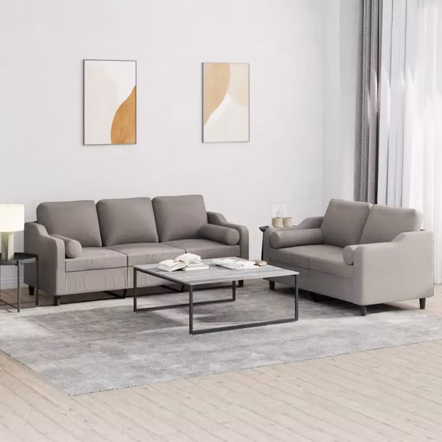 Set di Divani vidaXL da Soggiorno in Tessuto con Cuscini, 1 Divano a 2 Posti e 1 Divano a 3 Posti, Grigio e Beige – 1