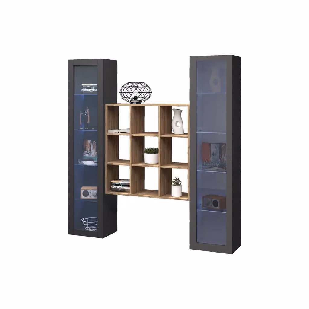 Mobile Espositore Felice DMORA con 14 Ripiani e Ante in Vetro, Nero Antracite, L: 30 cm, P: 30 cm, H: 180 cm – 2