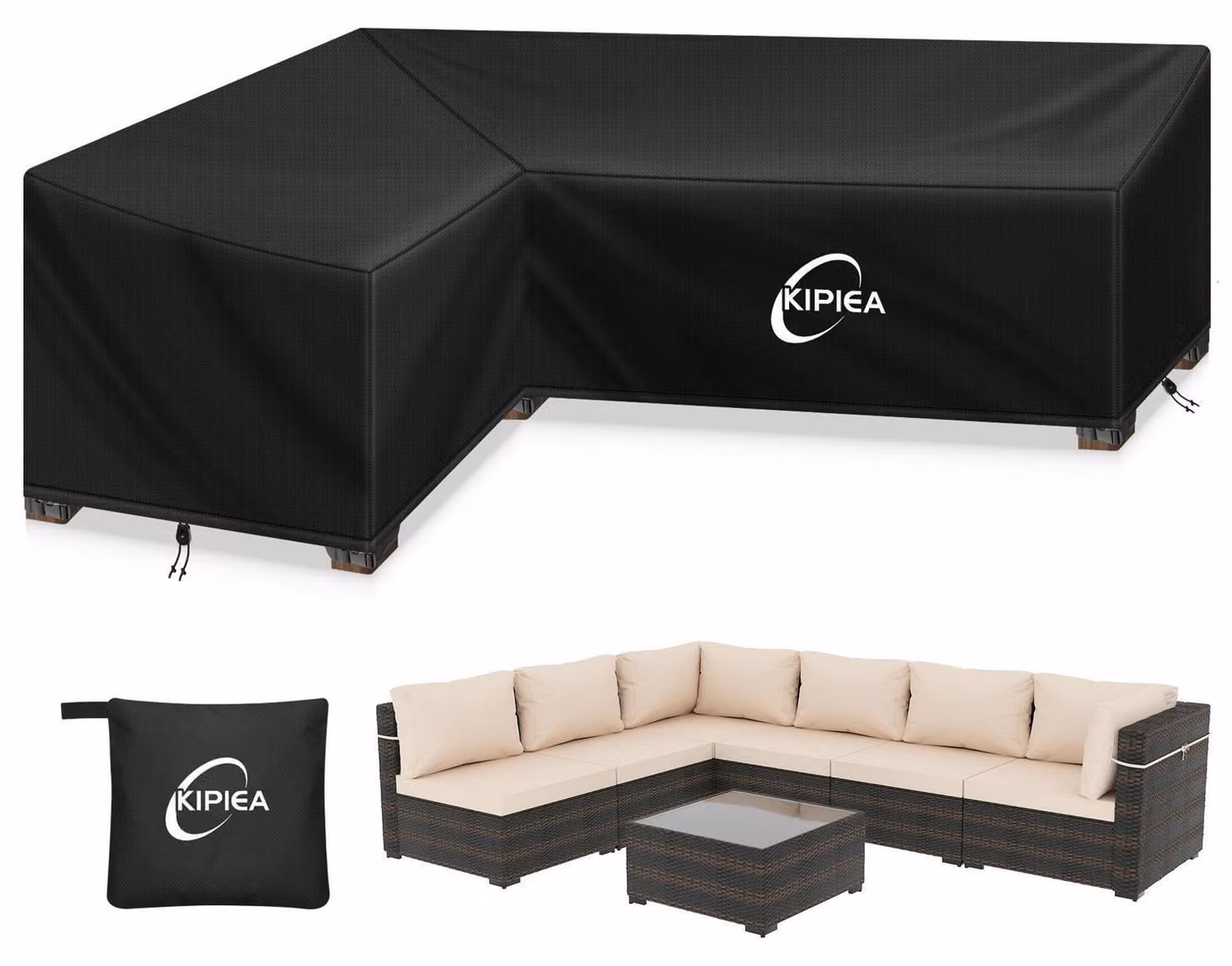 Copertura per mobili da esterno a forma di L, realizzata in tessuto Oxford 420D, impermeabile, resistente al vento e ai raggi UV. Dimensioni: 148x216x85 cm