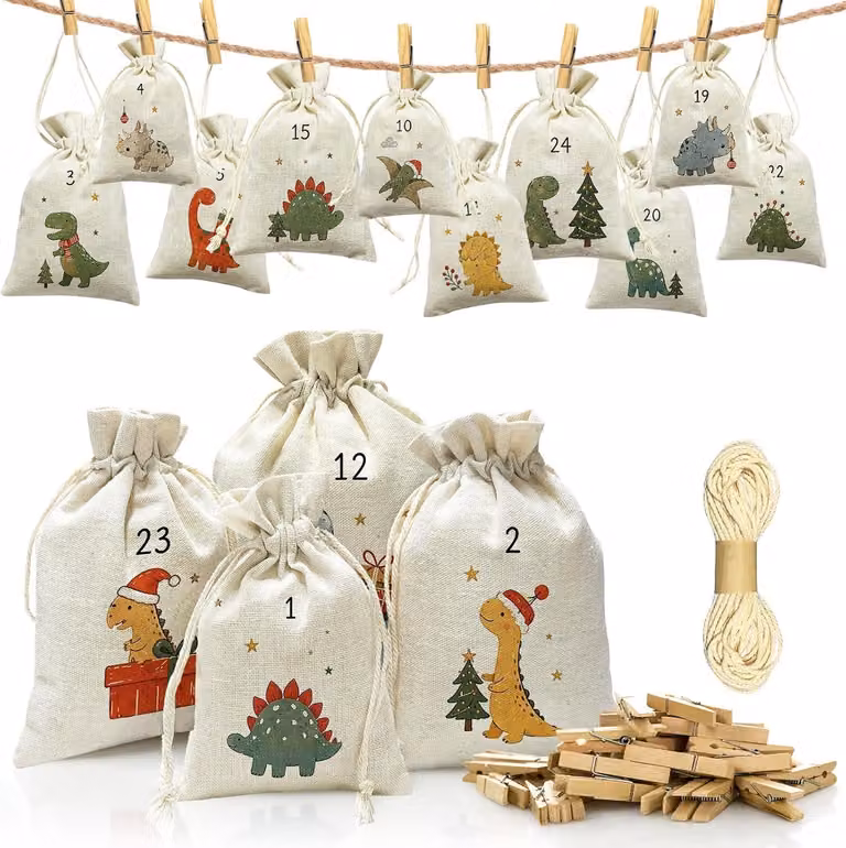 Calendario dell'Avvento fai-da-te da riempire - Tessuto - 24 sacchetti per il calendario dell'Avvento per bambini - 3 diverse dimensioni di sacchetti