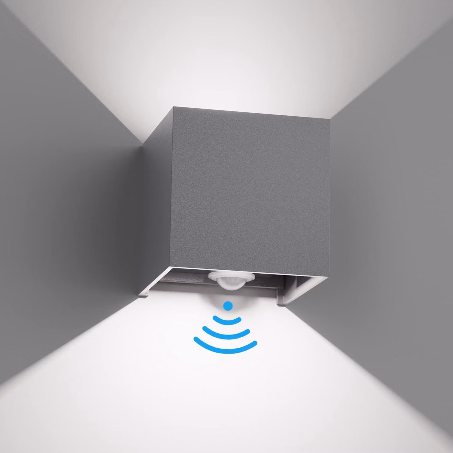 Lampada da parete da 12 W con sensore di movimento, grado di protezione IP65, 6000 K, luce bianca fredda, colore grigio scuro