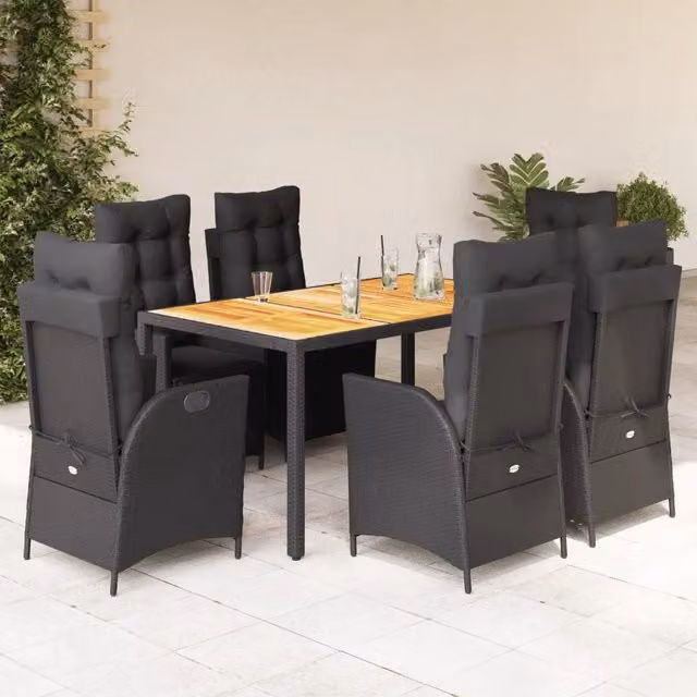 Set da pranzo da giardino vidaXL in legno di acacia e polyrattan nero con 7 pezzi
