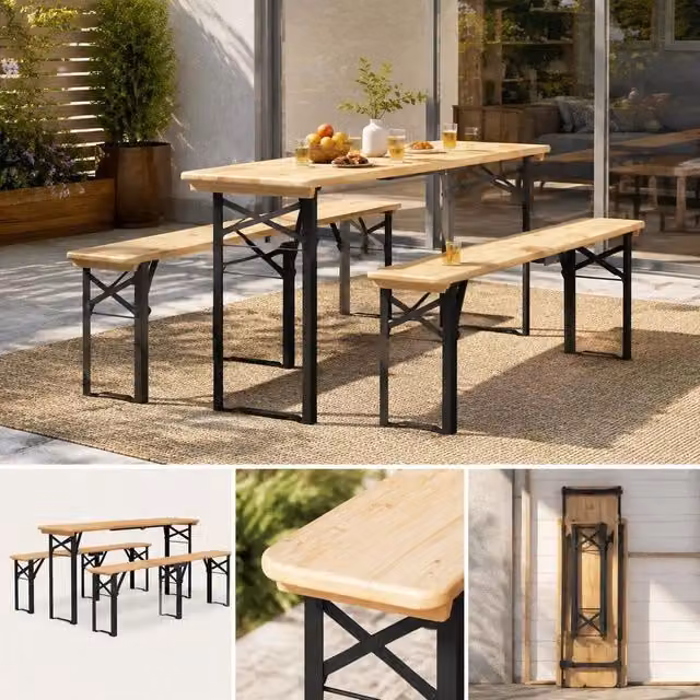 3-piece Folding Beer Table Set, Solid Fir Wood