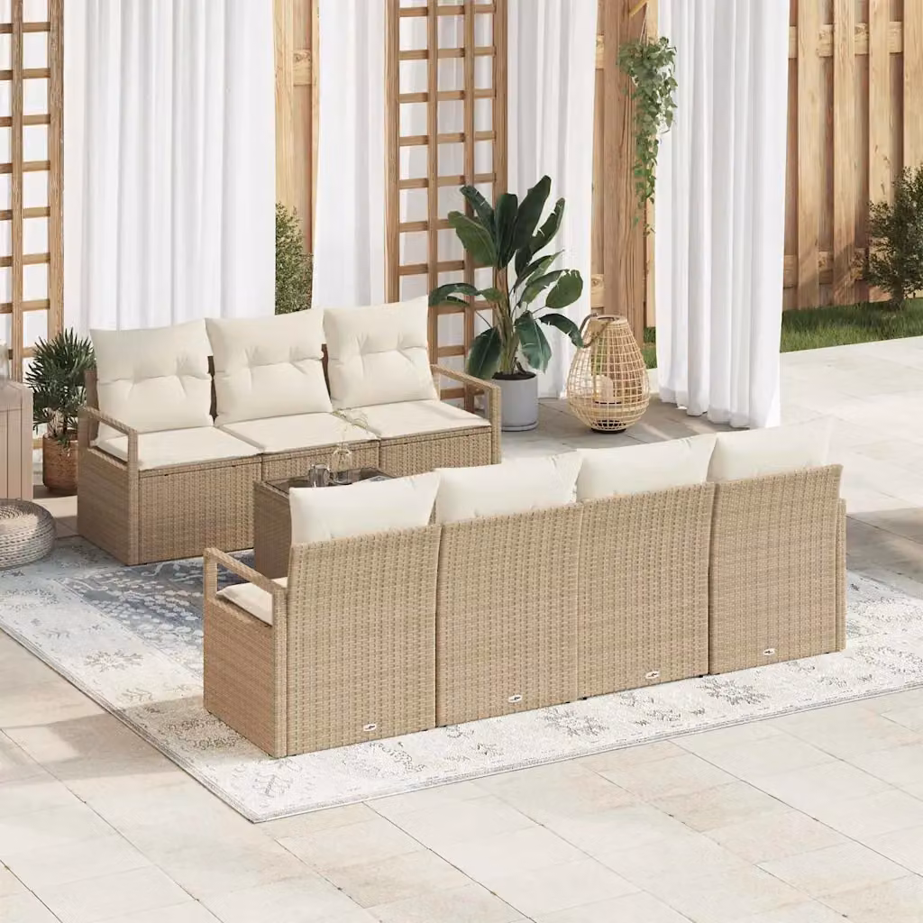 Set di divani da giardino vidaXL a forma di L con 8 pezzi, colore beige e bianco, in rattan con struttura in metallo e cuscini inclusi