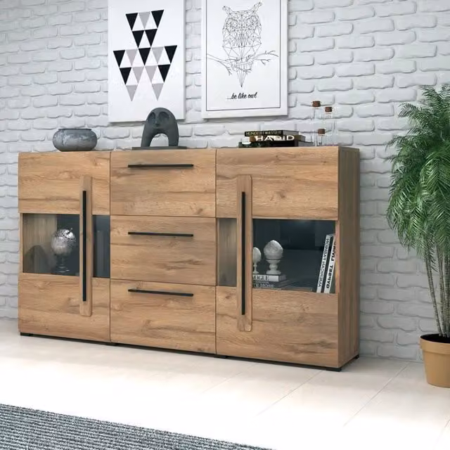 Buffet 180cm collezione BREDA due porte parzialmente vetrate e tre cassetti. Colori Rovere