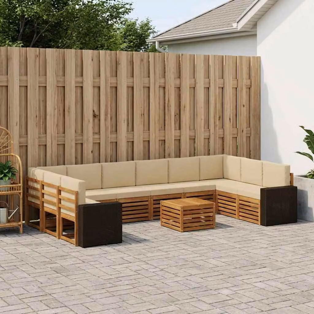 Set di divani da esterno vidaXL 11 pezzi in legno di acacia con cuscini beige e marrone