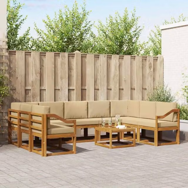 Set di divani da esterno a forma di U vidaXL in legno di acacia con cuscini beige e marrone