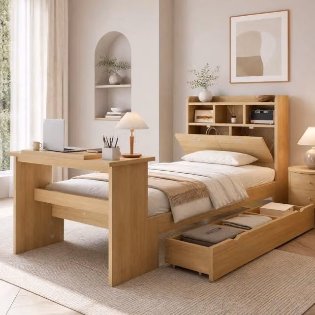 Letto singolo ULEVR 90x200 cm con cassetto, ripiano testiera e tavolo pieghevole regolabile, rovere naturale