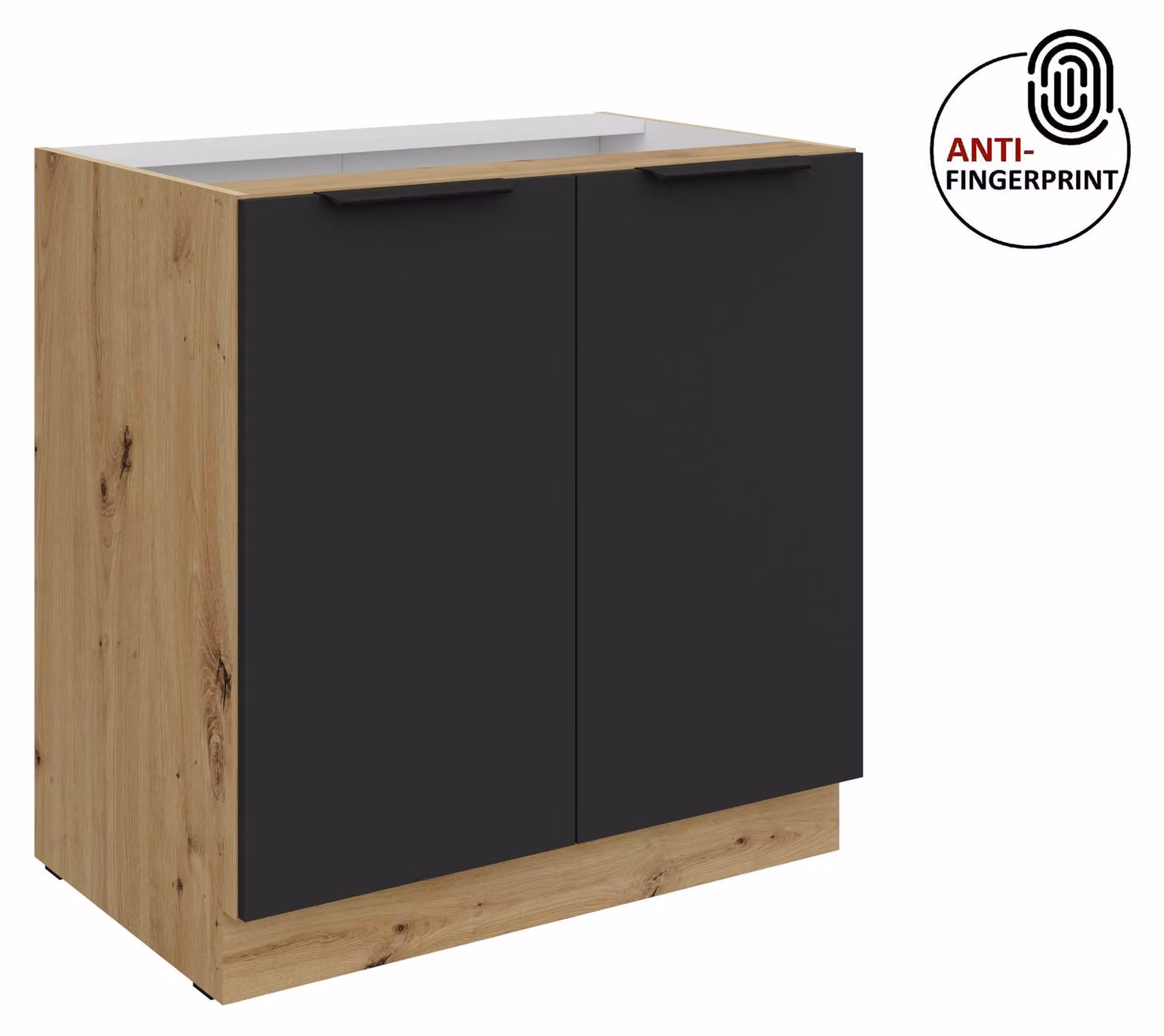 Mobile base da cucina da 80 cm, cucina ARIA nero ultra opaco + rovere Artisan opaco, frontali di alta qualità con rivestimento anti-impronta, blocco cucina