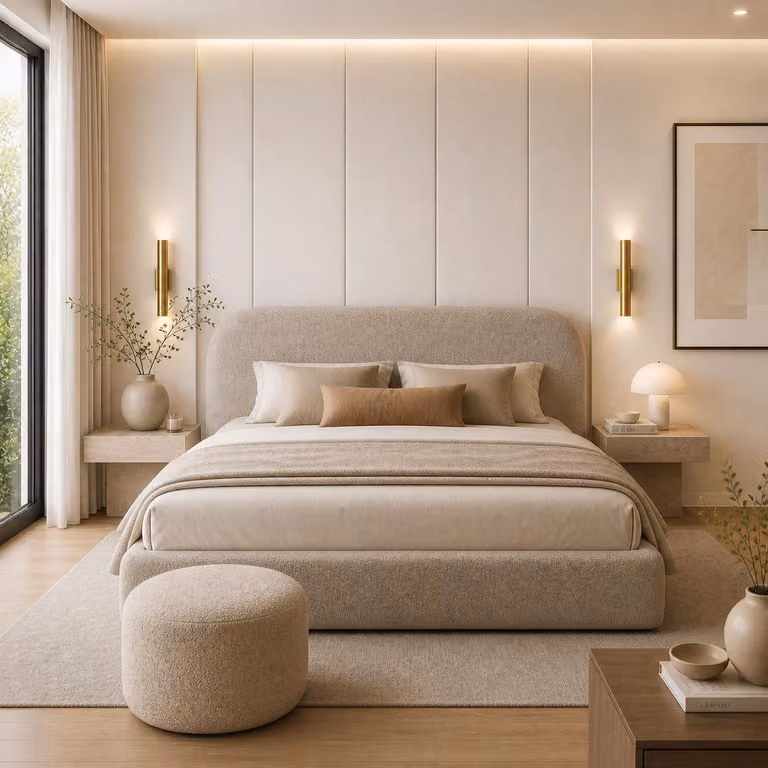 Letto imbottito Sofello, dimensioni 180x200 cm, rivestito in tessuto bouclé color beige, con rete metallica e materasso a molle insacchettate