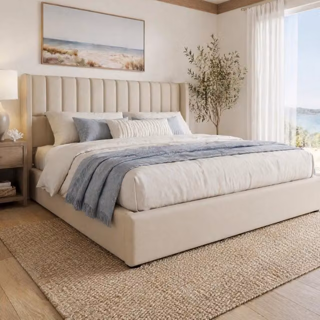 Letto Contenitore Idraulico REDOM in Tessuto Lino Beige e Grigio L/P/H: 140 x 200 cm – 1
